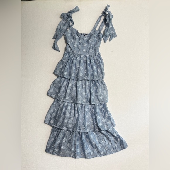 Lulu's Sky Blue Floral Tiered Midi Dress - Picture 2 of 4